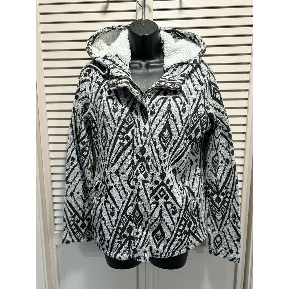 Billabong Light Gray/Black Aztec Zip Up Fabric Hood Jacket Size S Pocket Logo